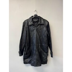 Adler Collection Coat Womens XL Black Leather Zip Front Pockets Lined Mid Length